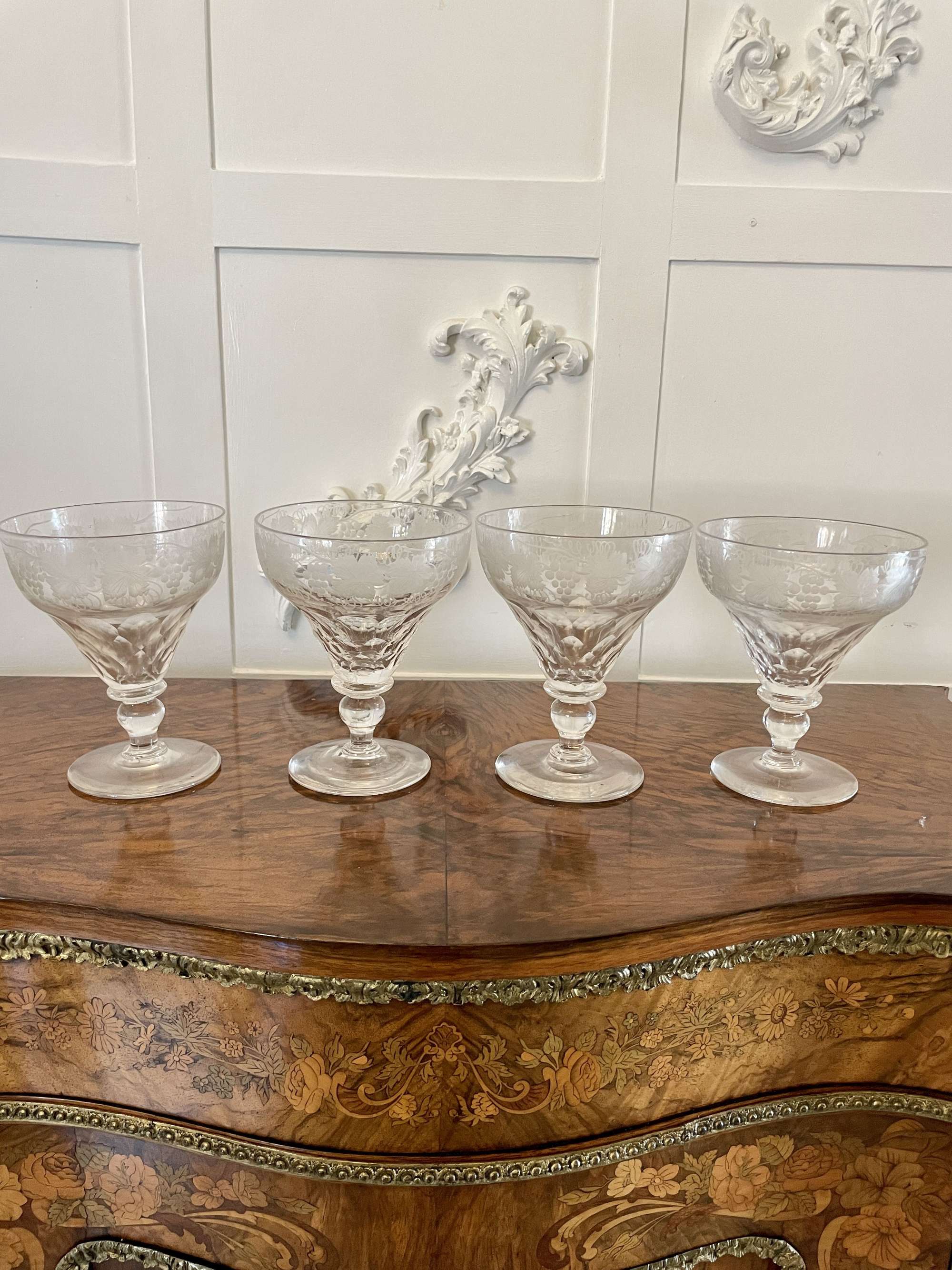 Unusual Large Set of 4 Antique Victorian Quality Engraved Glasses