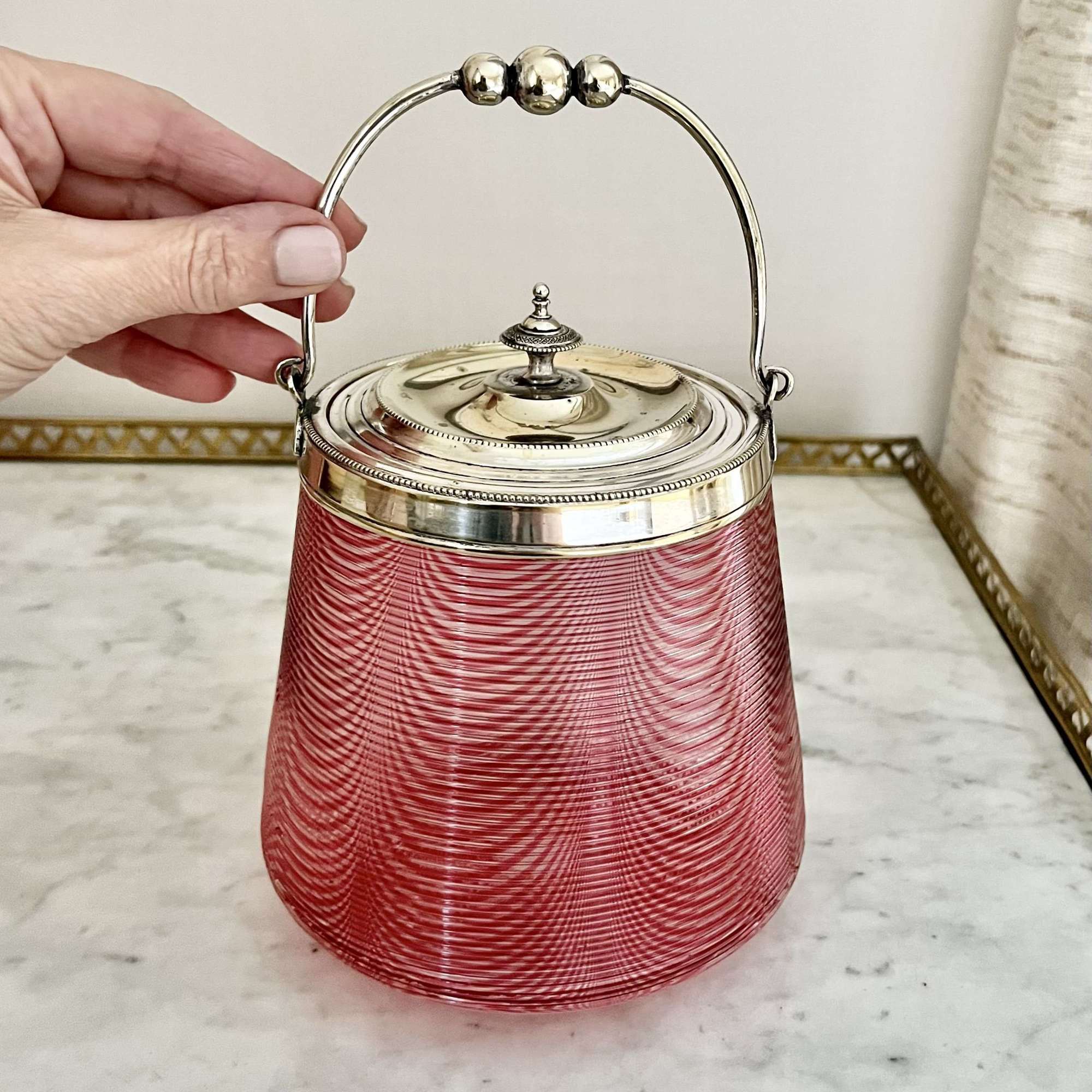 Rare English Pink Ribbed Glass Biscuit Barrel Ice Bucket Circa 1880