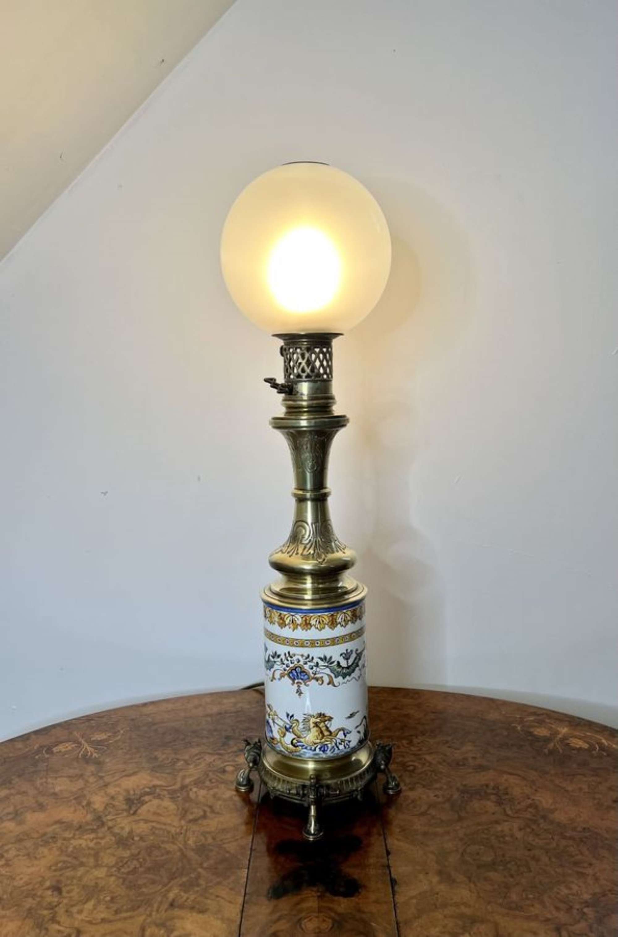 Quality antique Victorian ceramic and brass lamp