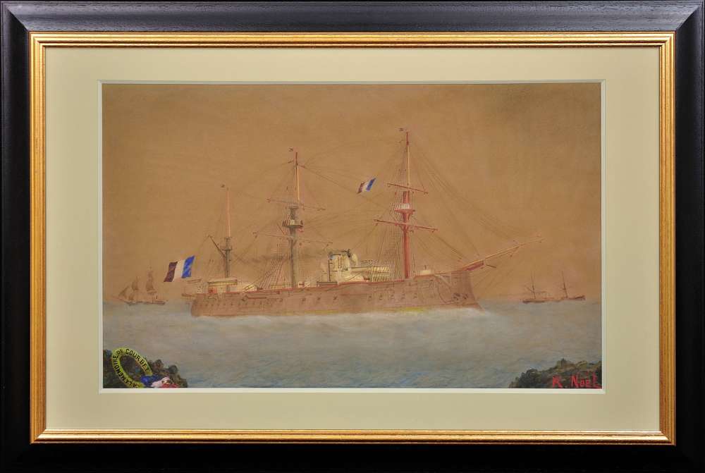 French Navy Ironclad Battleship. A La M&eacute;moire De Courbet. Circa 1910. Watercolour Painting