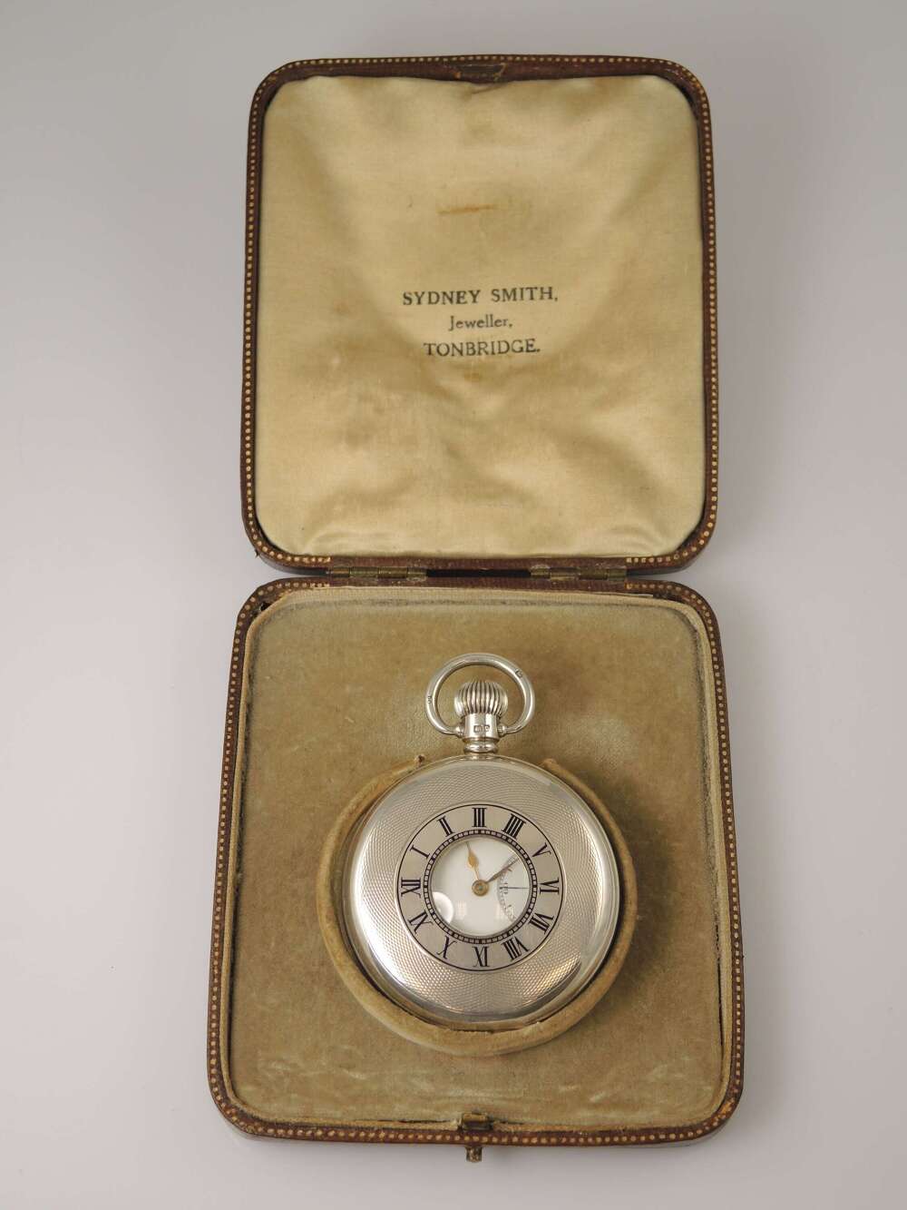 Stylish English silver half hunter pocket watch with box  c1938