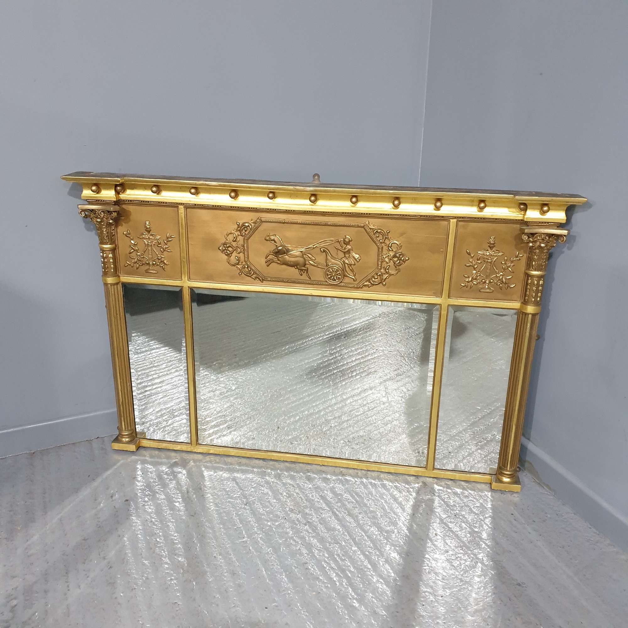 Regency Tryptic Gilt Antique Overmantle Mirror