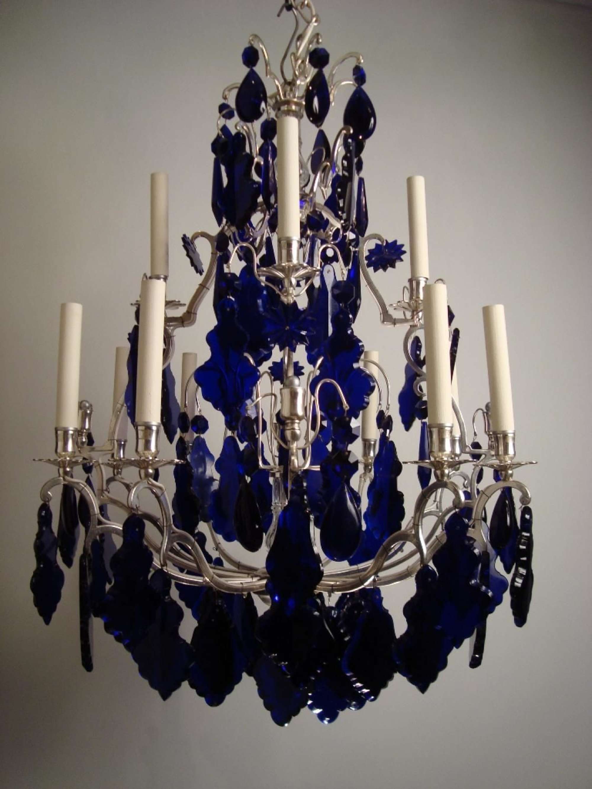 A silvered and blue glass chandelier