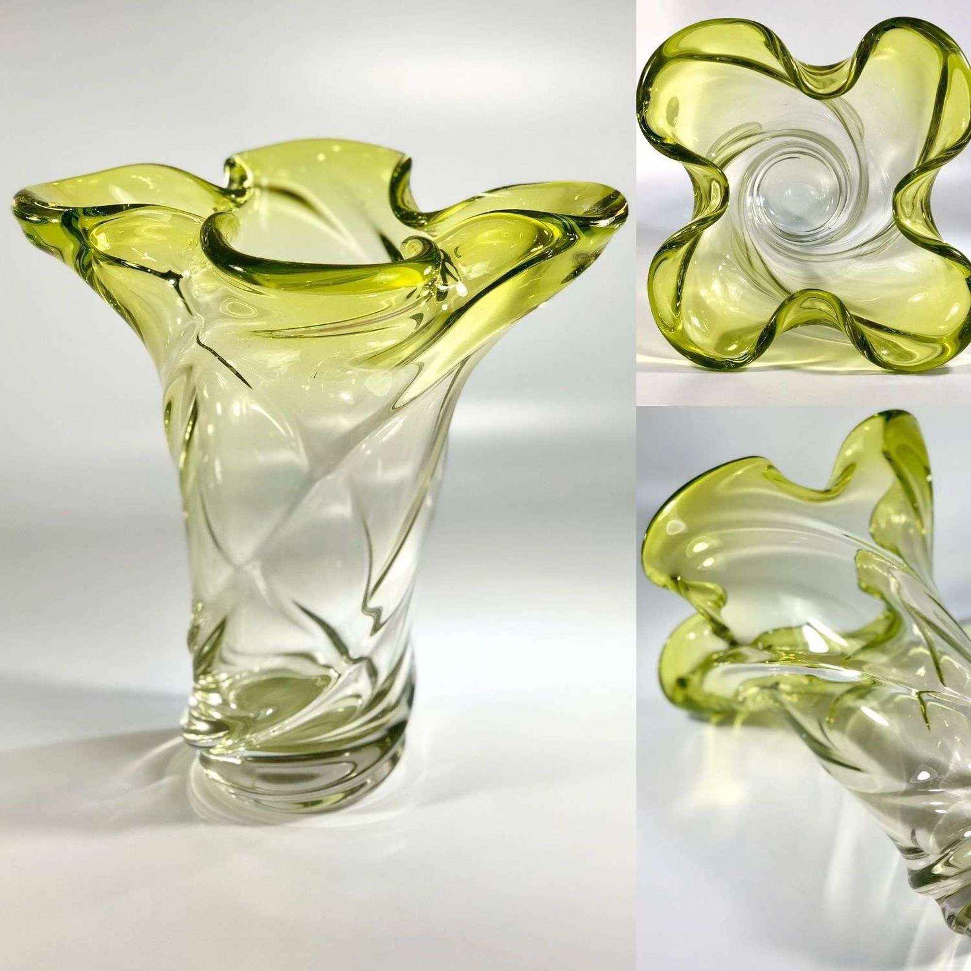 Stunning green fade quatrefoil French crystal vase