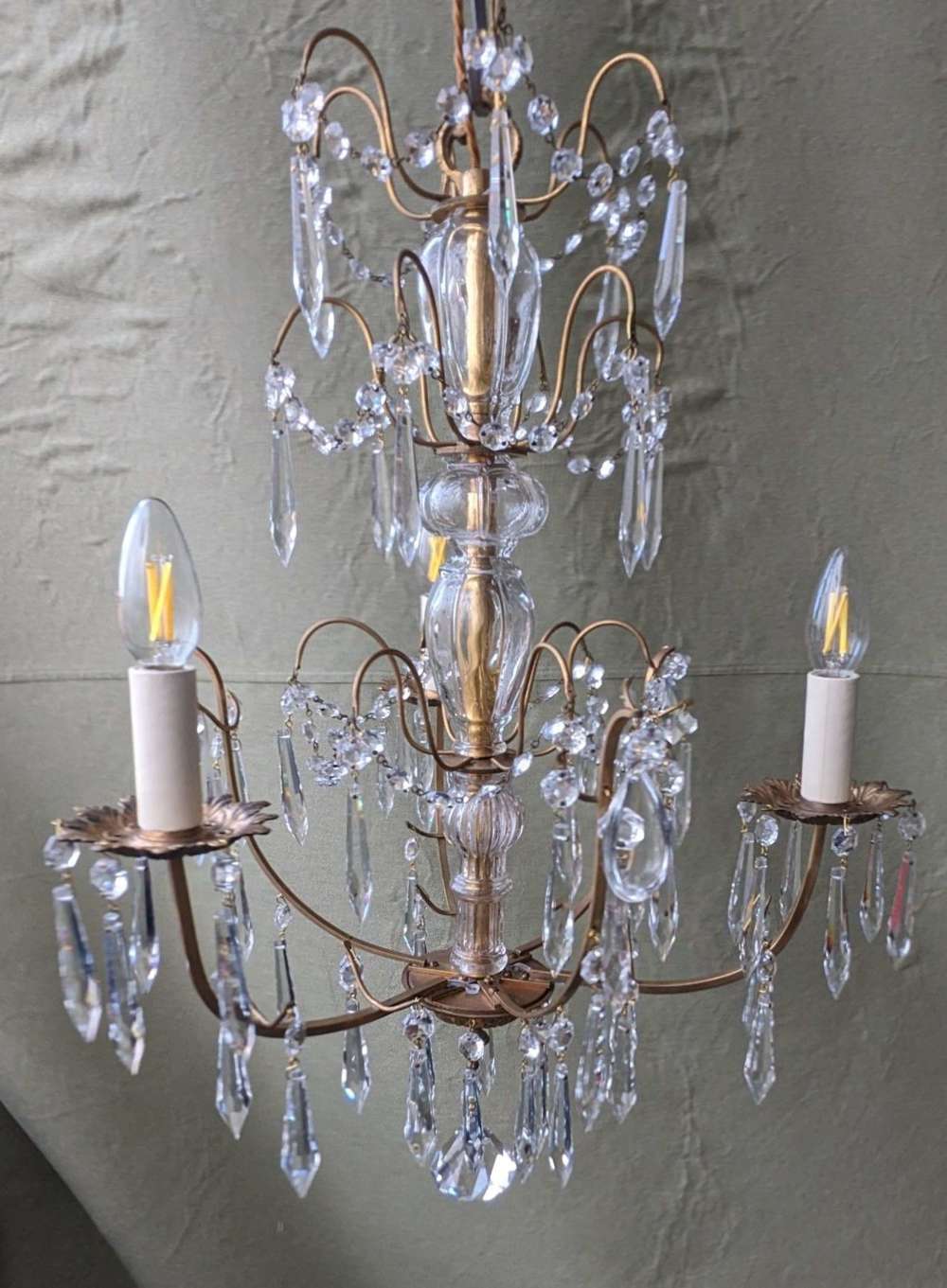 1930's Gilded Brass Framed Cut Glass 3 Light Chandelier