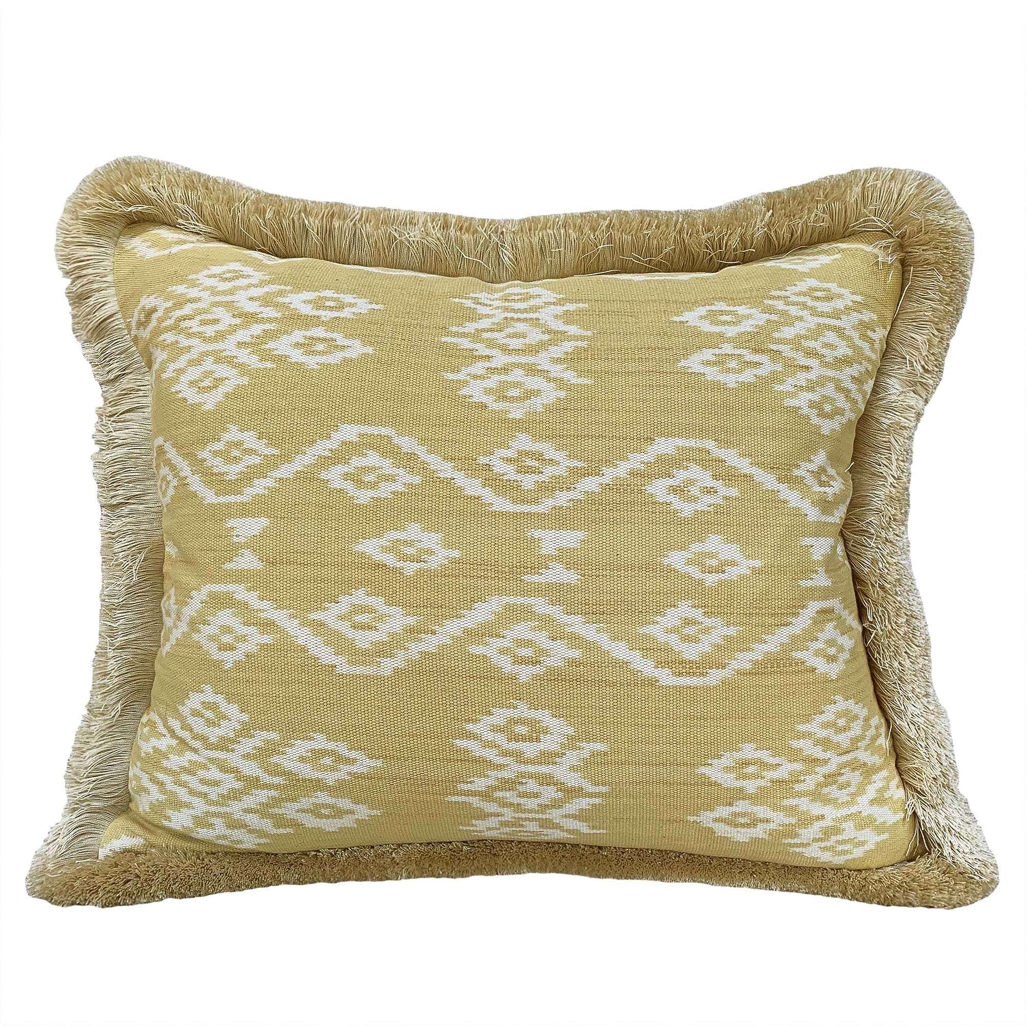 Rote ikat cushion with brush fringe