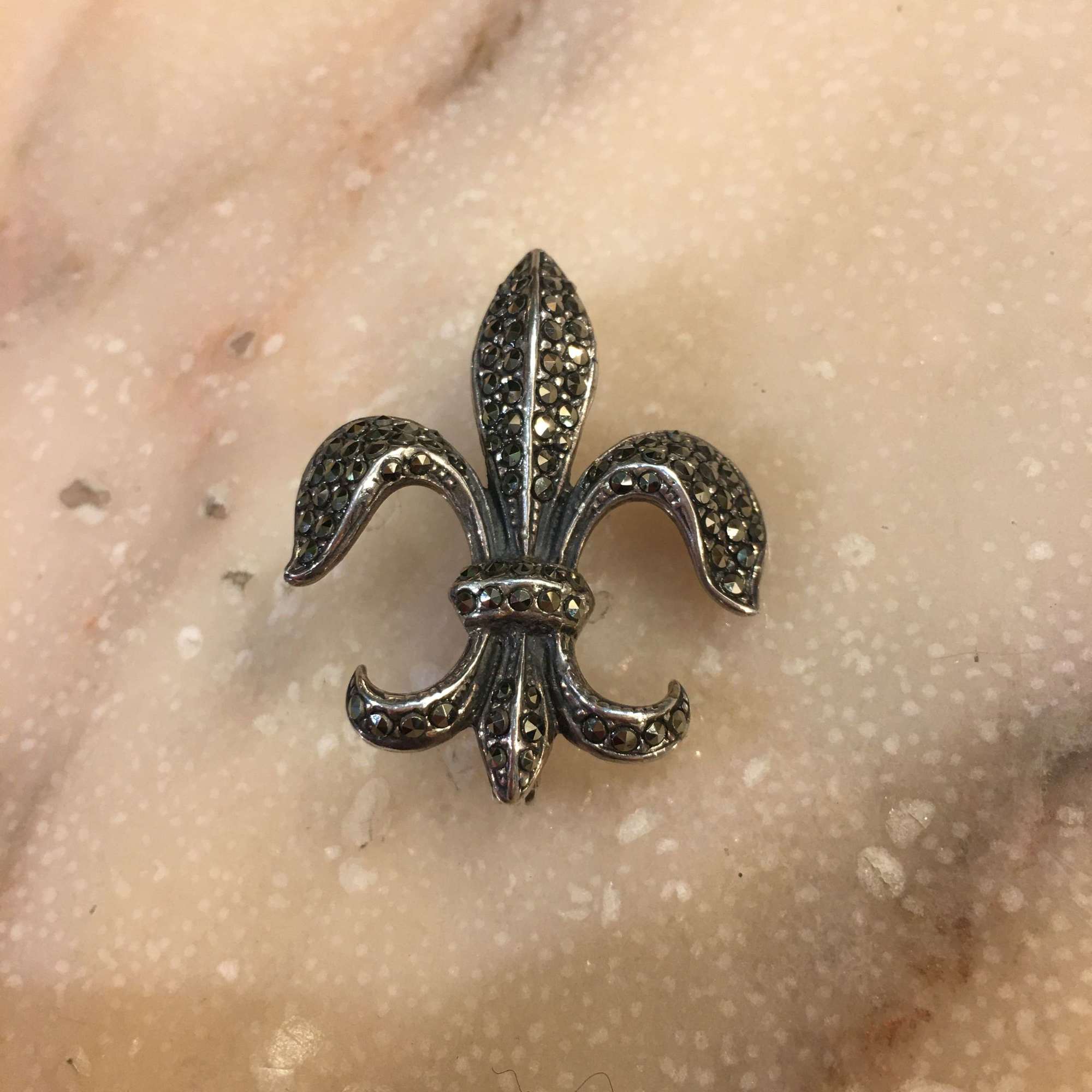 Vintage silver and marcasite  fleur de lys brooch