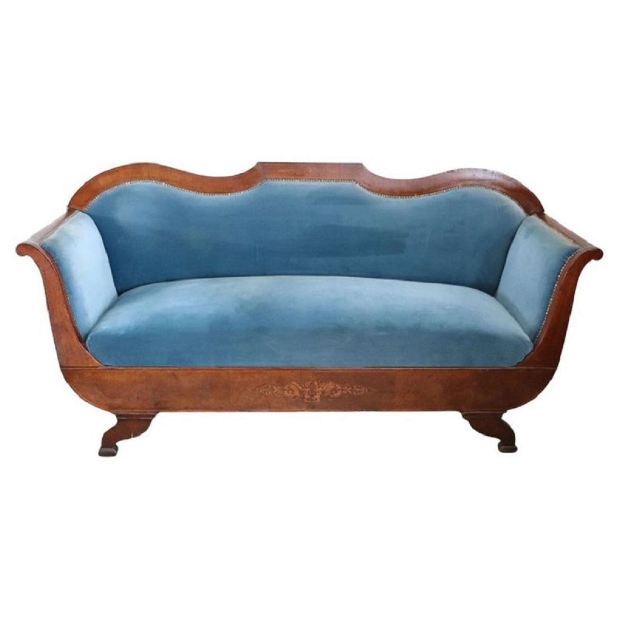 Antique Sofa In Walnut Wood Inlaid With Velvet