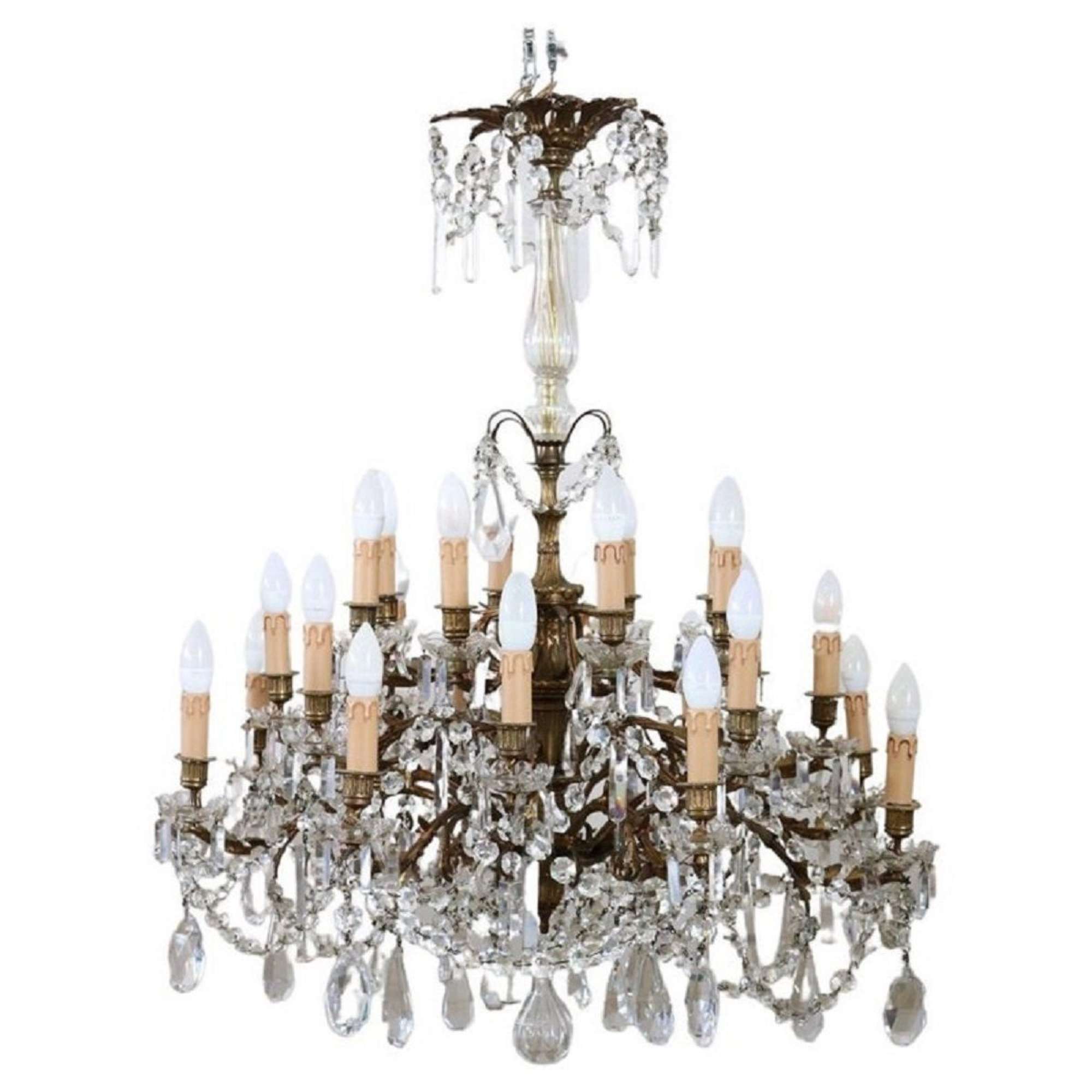 Large Antique Bronze And Crystal Chandelier With 24 Bulbs
