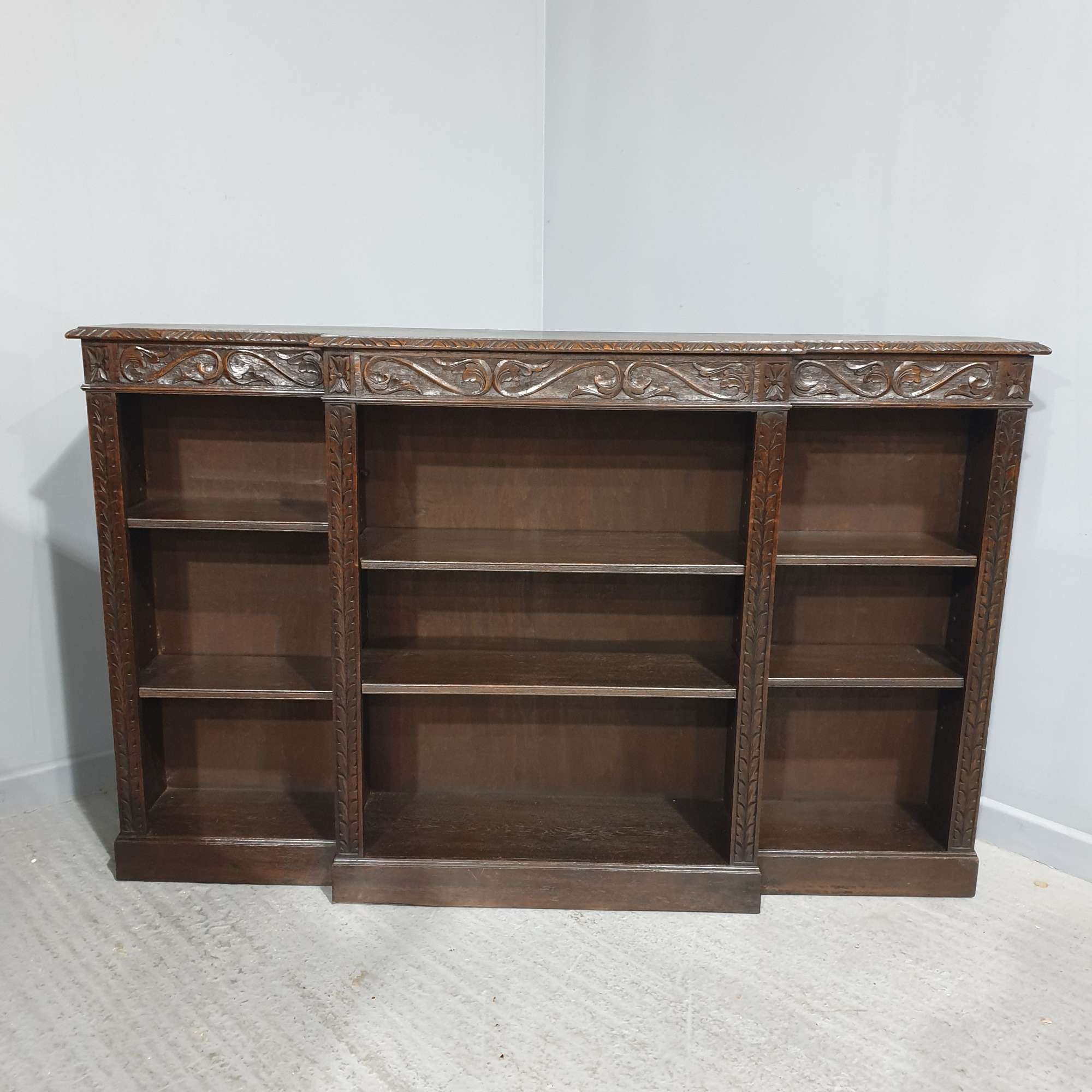 Quality Carved Oak Open Library  Antique Bookcase