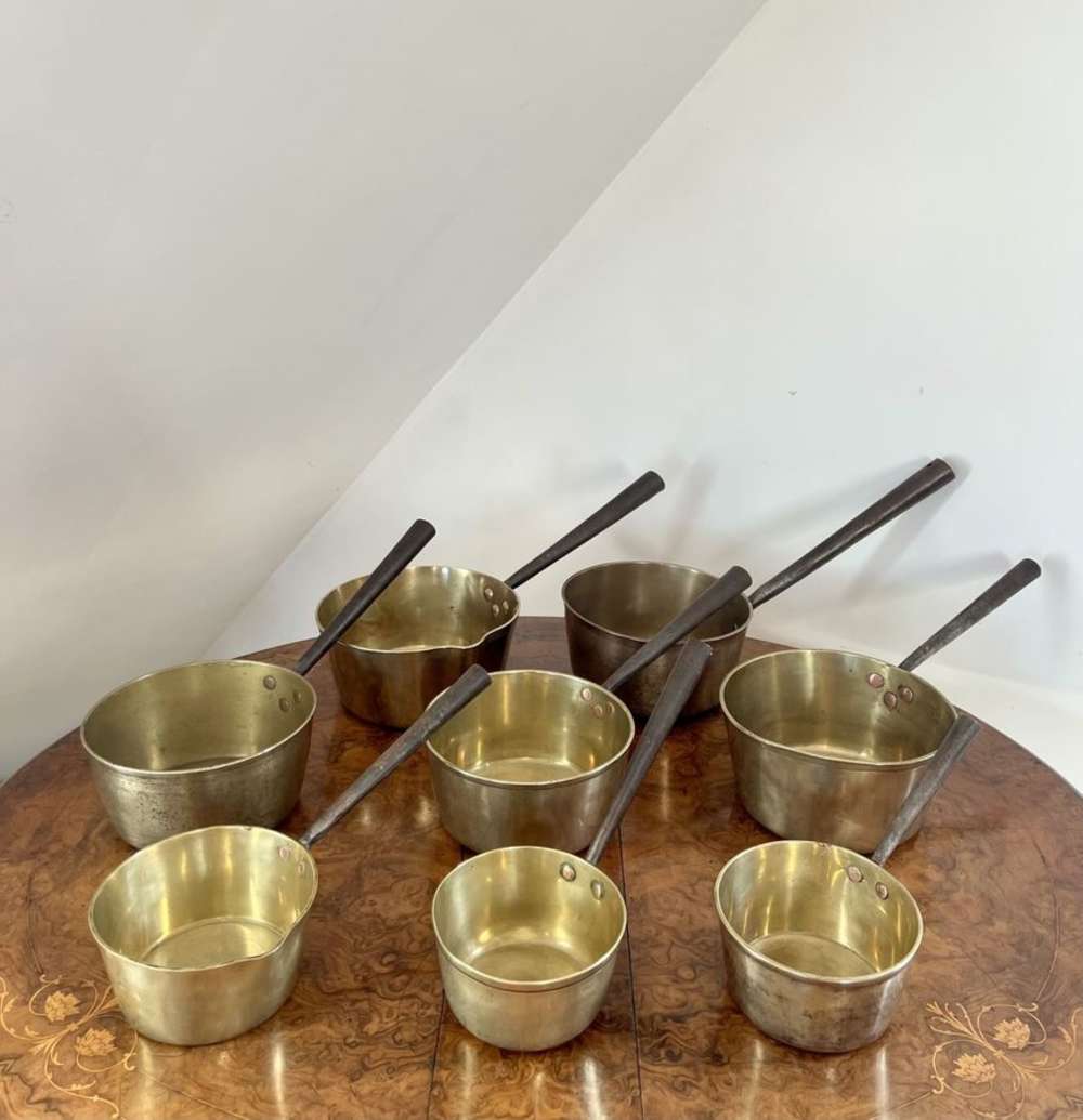 Large Collection Of Antique Victorian Heavy Brass Saucepans