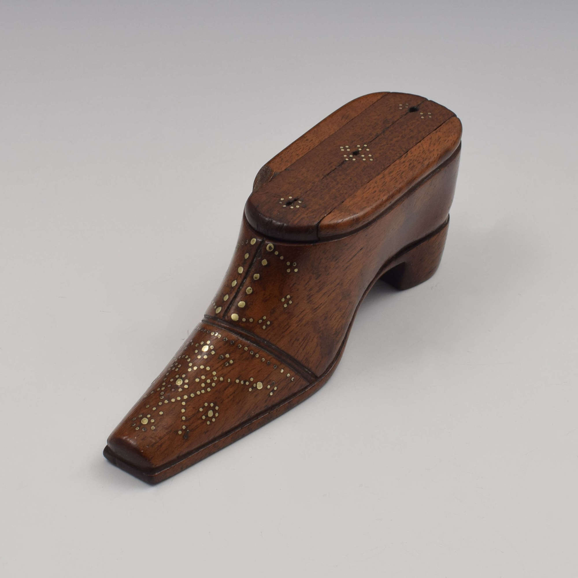 19th Century Mahogany & Love Heart Brass Pique Work Shoe Snuff Box
