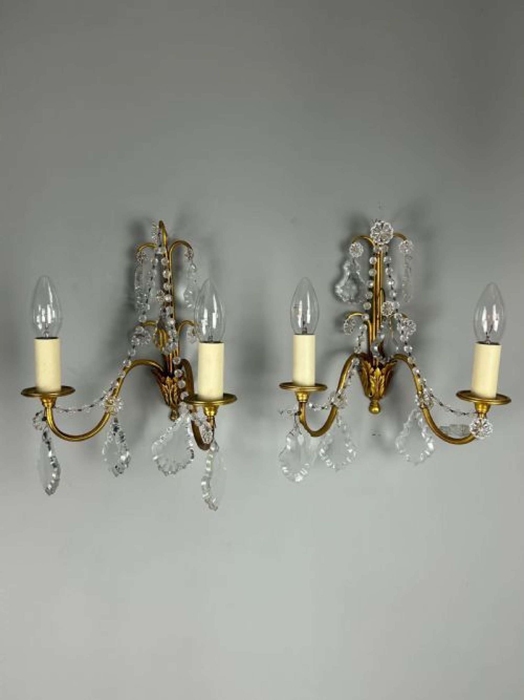 Pair of French Gilded Twin Arm Antique Wall Light With Glass Droppers