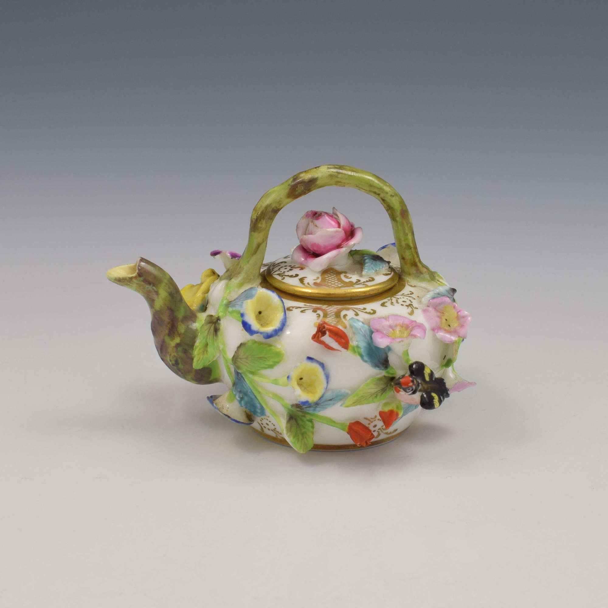 Rare Spode Porcelain Miniature Toy Flower Encrusted Tea Kettle c.1825