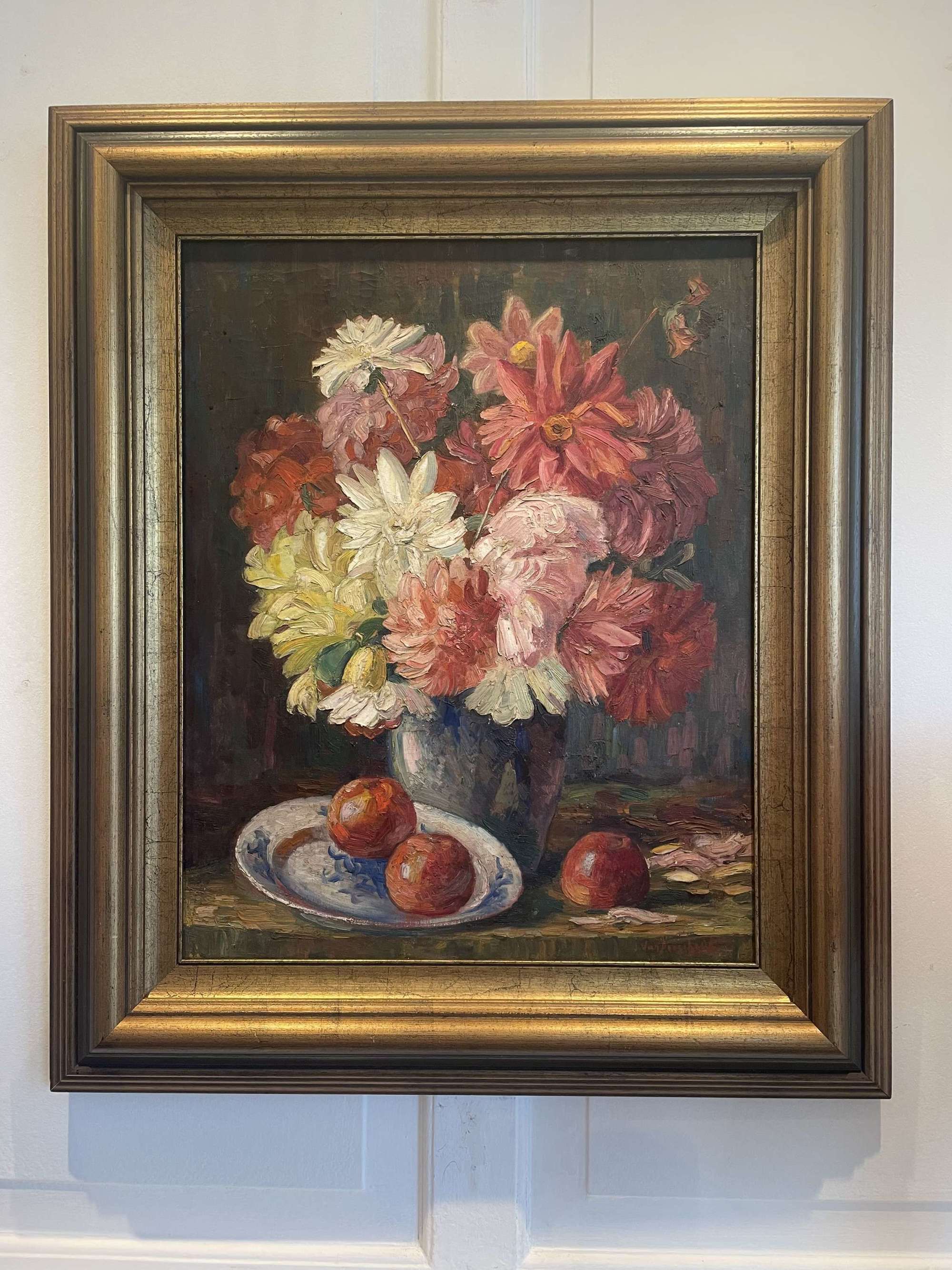 Floral oil painting of Dahlias. Belgian mid 20th century