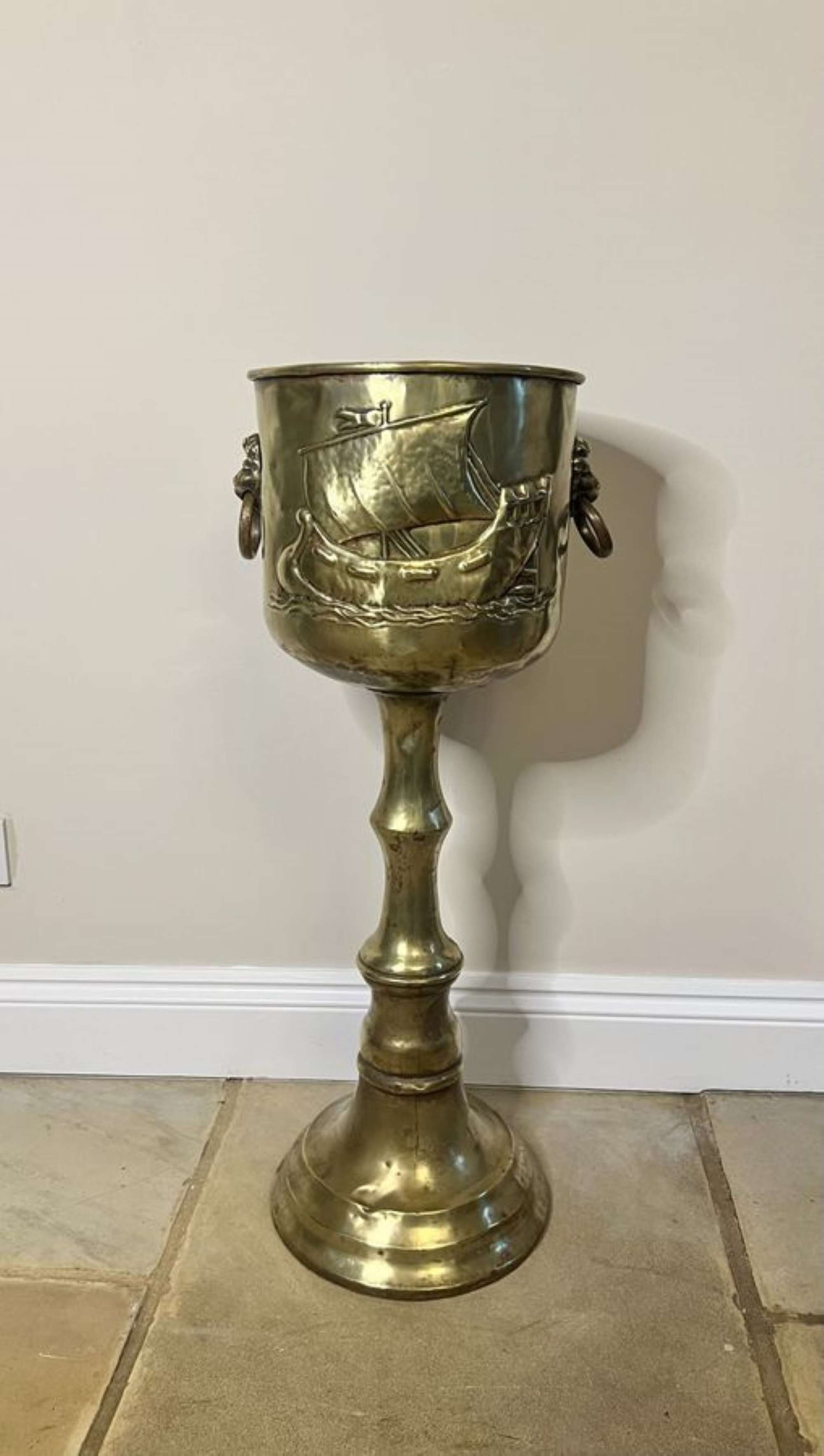Wonderful Antique Edwardian Dutch Brass Champagne Bucket On A Stand