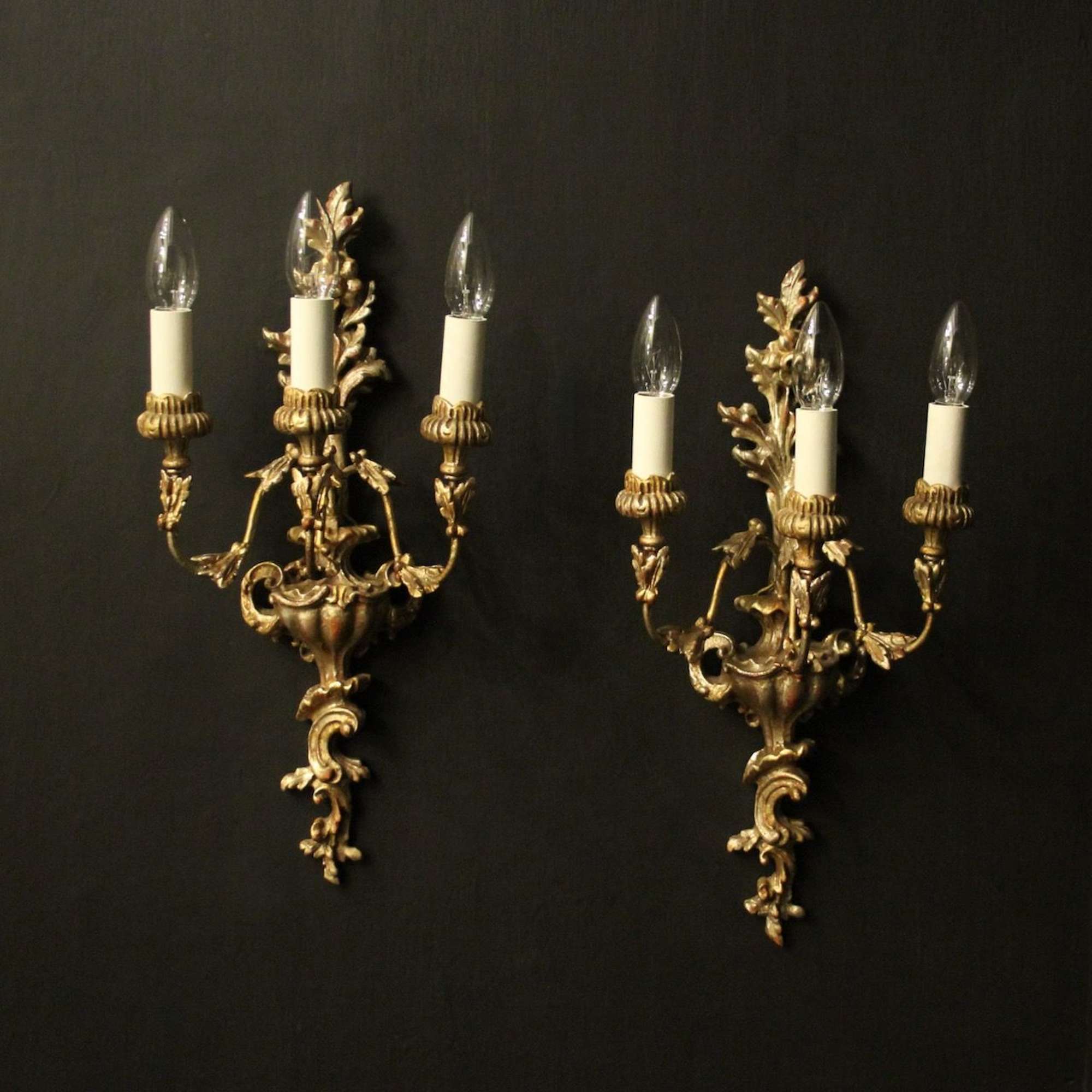 Italian Pair Of Silver Giltwood Antique Wall Lights