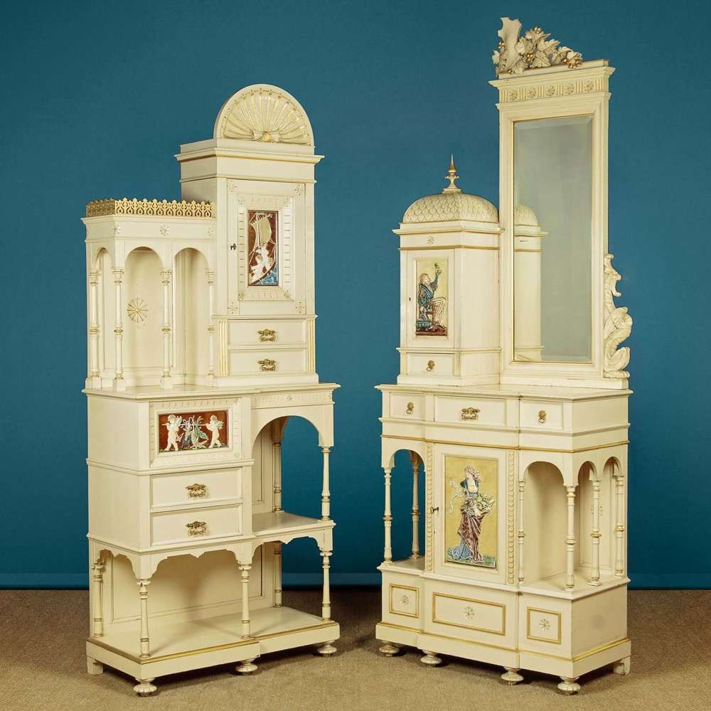 Painted Mirror Back Cabinet With Majolica Panels C...