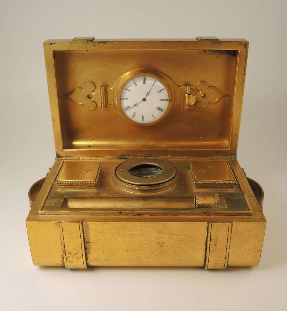 Desk compendium: Antique French gilt casket with timepiece c1870