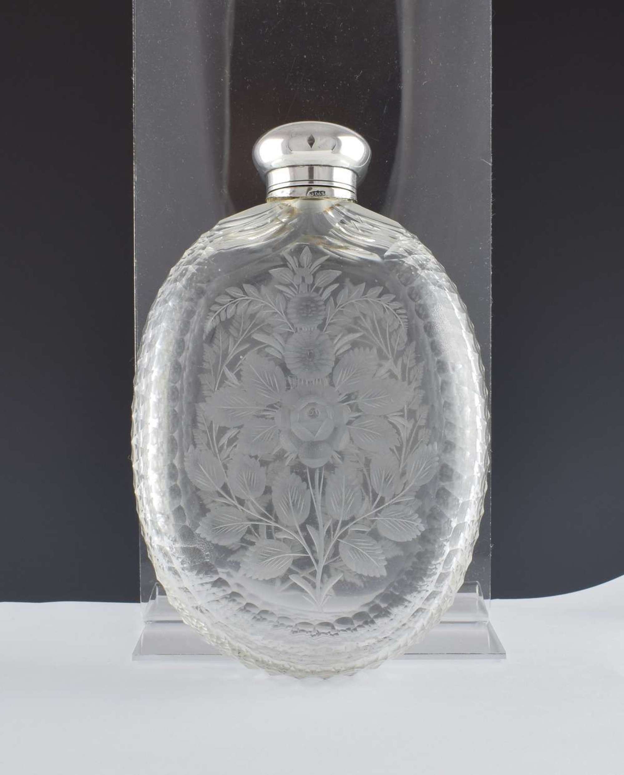 Unusual Victorian Engraved Cut Glass & Silver Plated Hip Spirit Flask