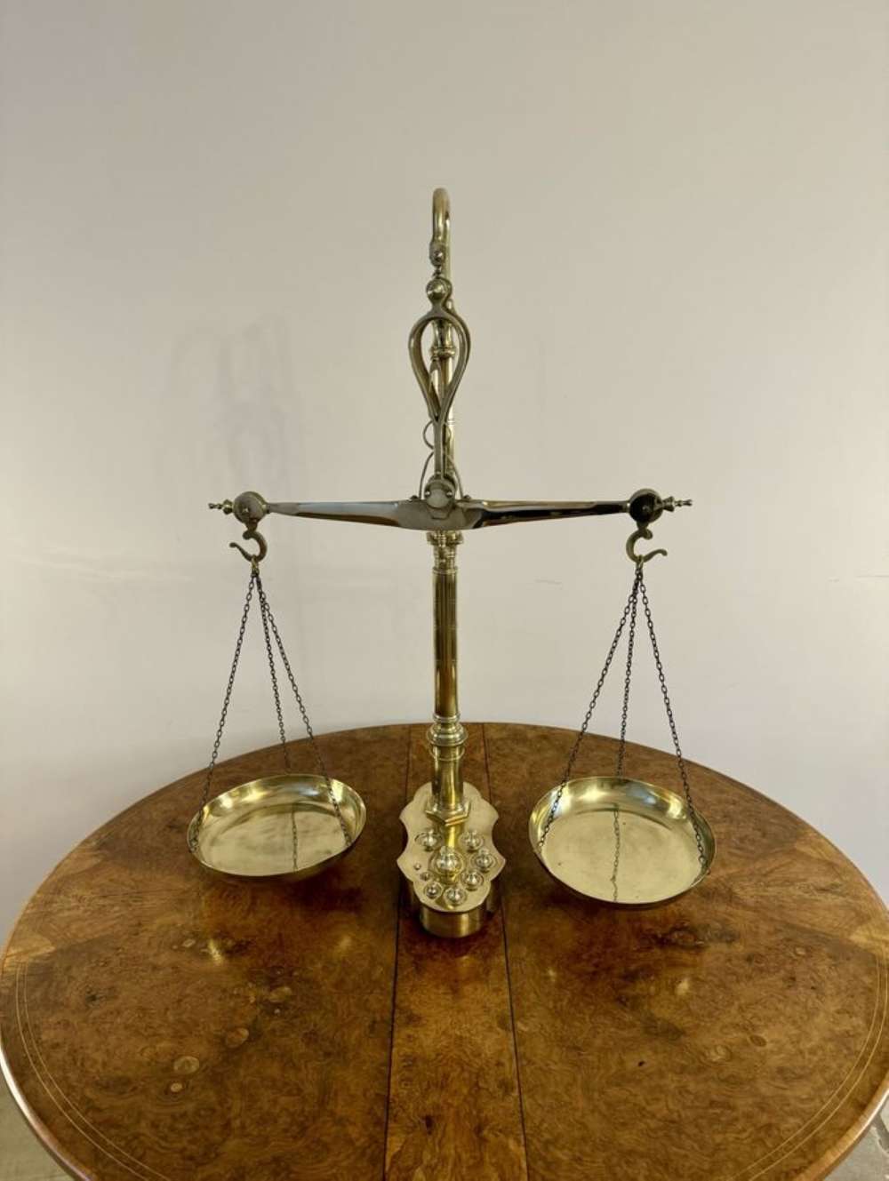 Large Pair Of Quality Antique Victorian Brass Beam Scales And Weights