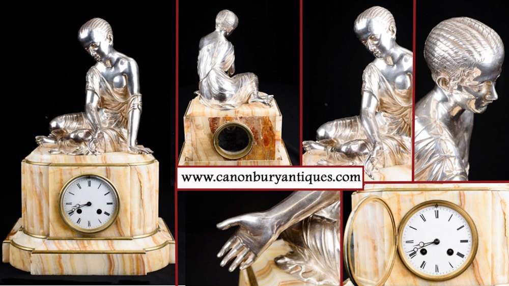 Empire Mantel Carriage Clock Onyx And Silver Plate Female Figurine