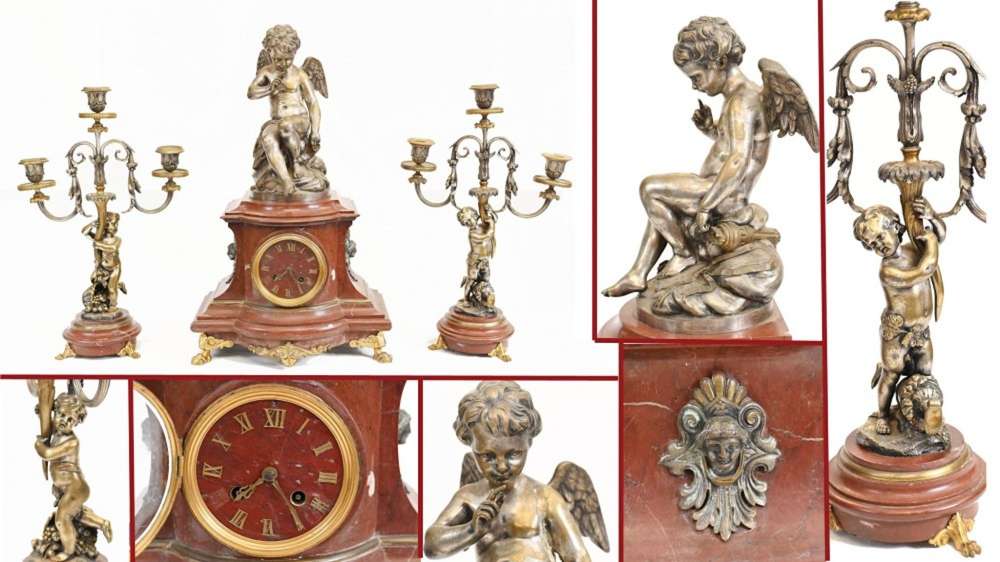 French Empire Clock Set Garniture Cherub Gilt Candelabras