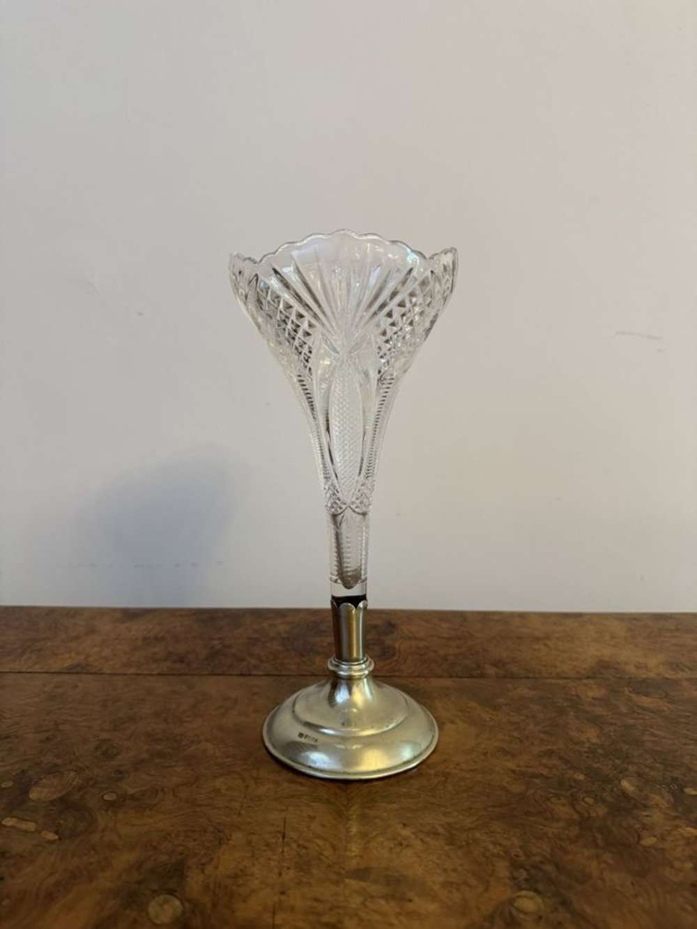 Fine Quality Antique Edwardian Cut Glass And Silver Plated Spill Vase