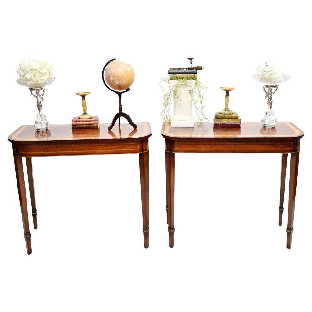 Pair Georgian Revival Antique Console Tables Mahogany D End