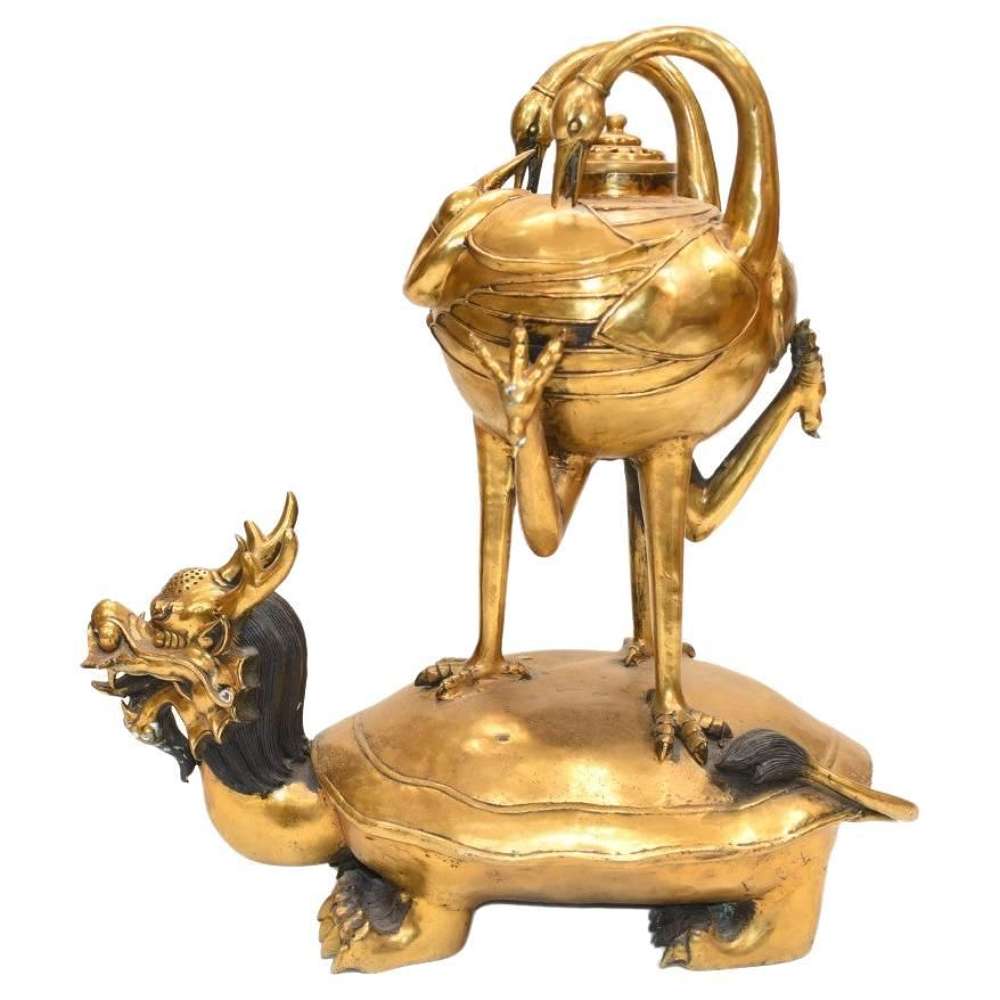Bronze Chinese Dragon Crane Incense Burner Architectural Temple