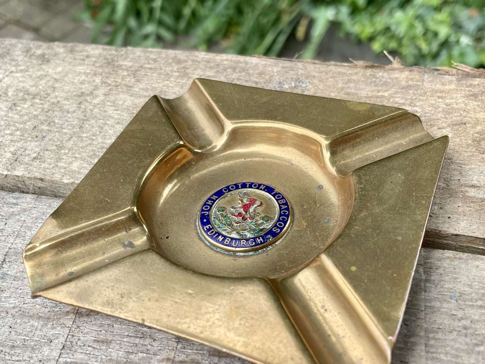 John Cotton Tobacco Edinburgh Enamel Brass Ashtray c1900s