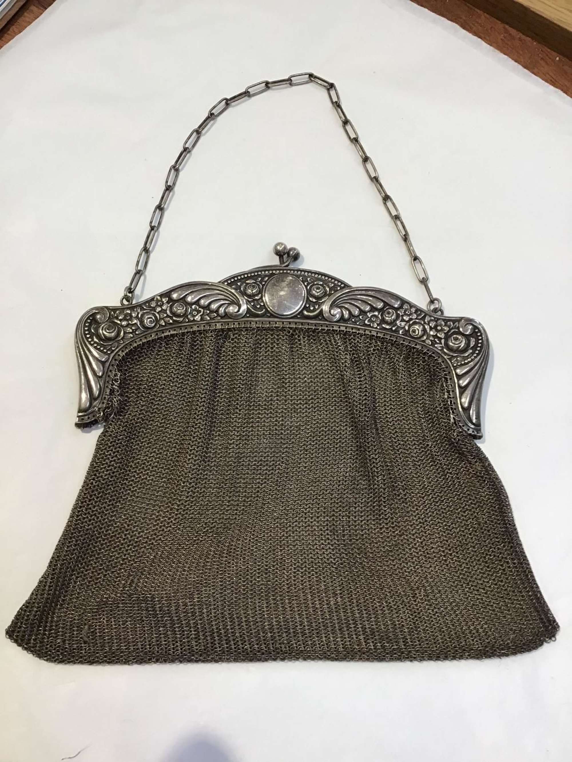 Edwardian silver plated chain bag