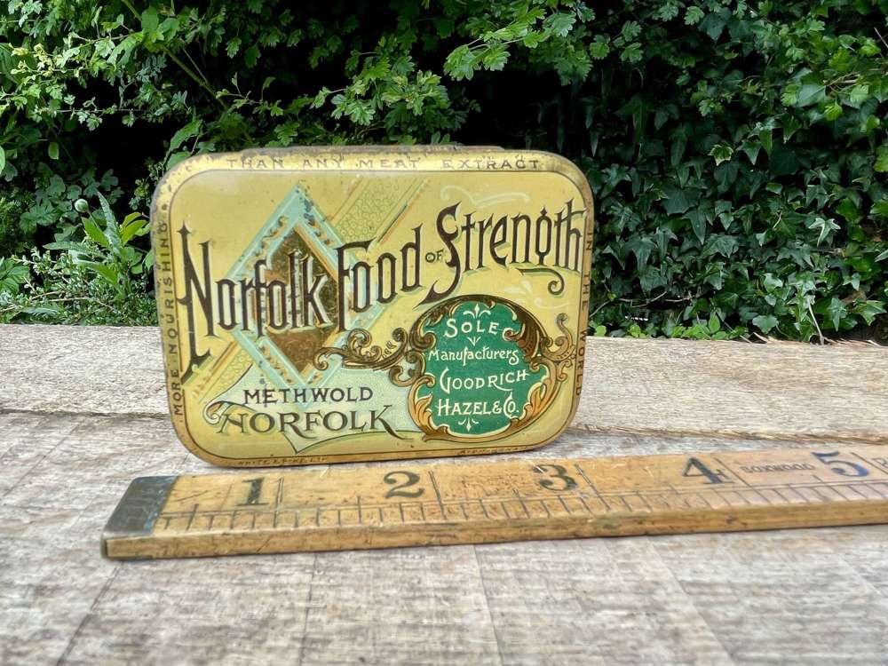 Superb Goodrich & Hazel Norfolk Food Strength 2oz Chemist Tin c1890s