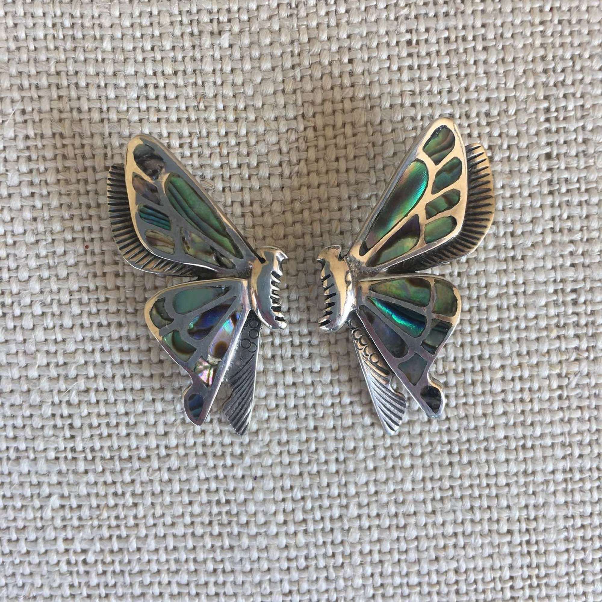 1970s silver and abalone shell butterfly earrings