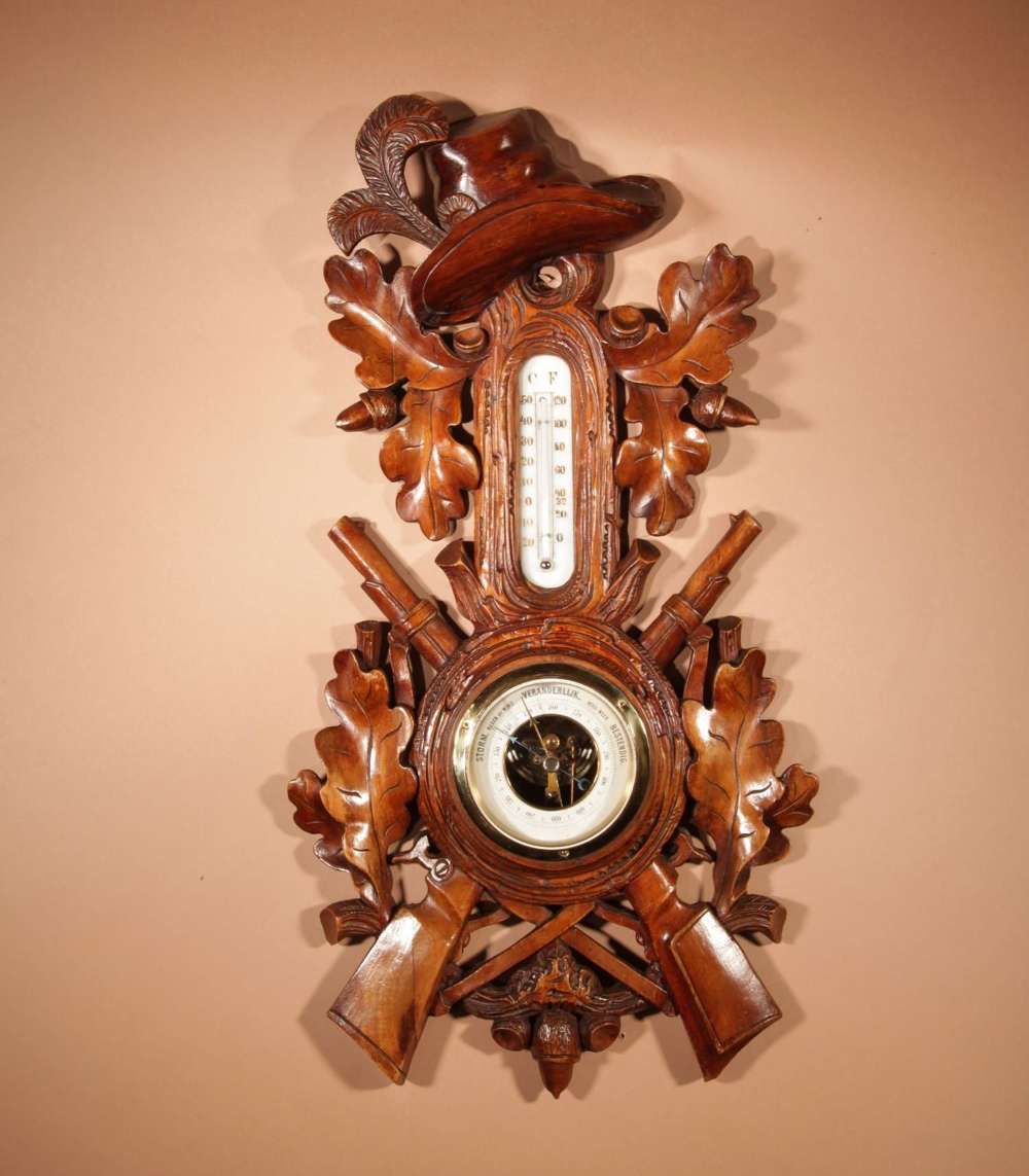 Black Forest Golden Walnut Very Fine Carved Aneroid Barometer C.1890