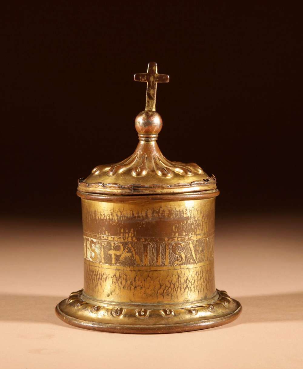 Gilded & Engraved Copper Pyx Of Unusual Shape Franco / Spanish 1450-1500