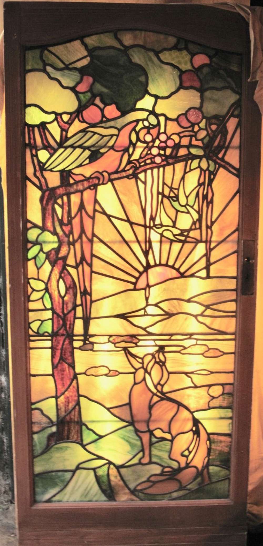 Tiffany Style Leaded Glass Parrot & Fox Door Window