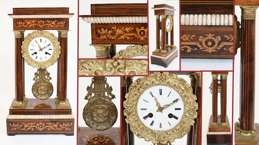 Charles X Portico Antique Clock French Mantle Inlay 1810