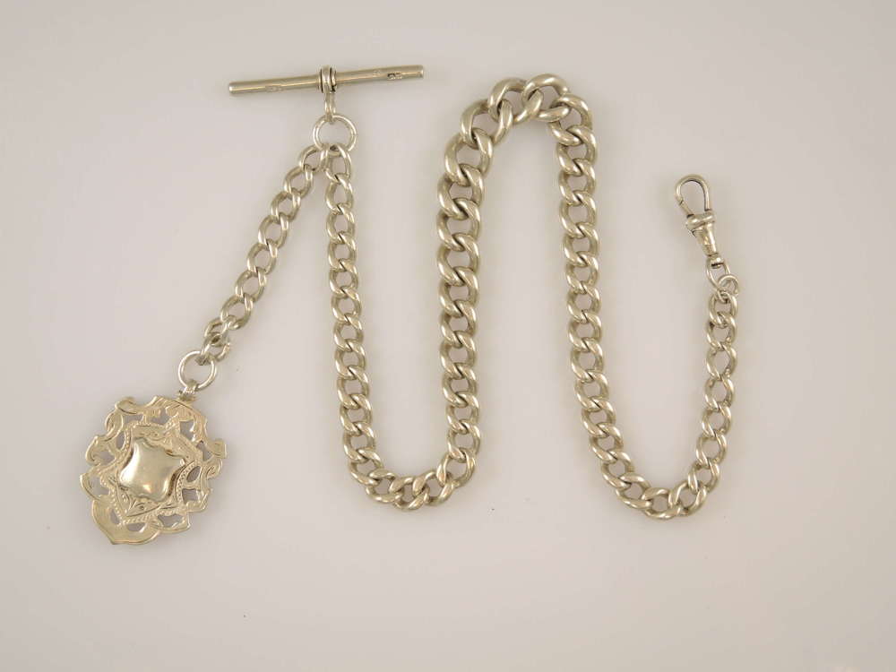 Long Victorian English silver watch chain with fob. 58g. c 1900