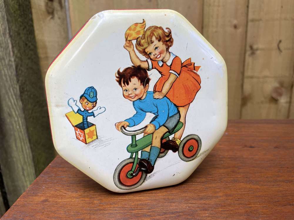 Wilkin's Children on a scooter Toffee Tin c1950-60s
