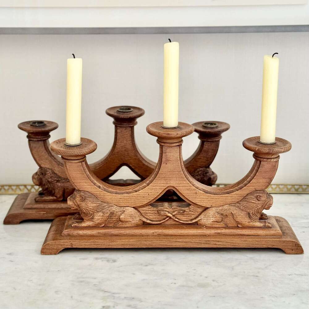 Pair XL Art Deco carved oak Lion candlesticks
