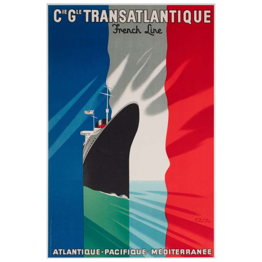 Cie Gle Transatlantique 1950s French Line Travel Poster, Paul Colin