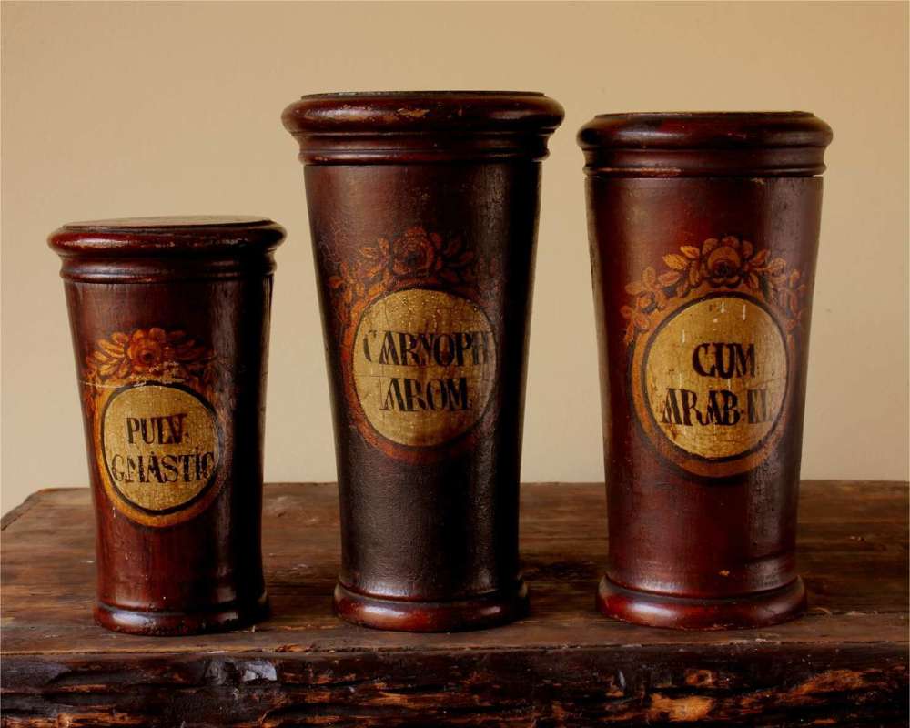 Three Turned Wood Apothecary Pots. 18th Century German Red Spice Jars.