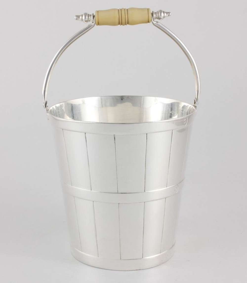 Silver Plated Ice Bucket Pail. Banded Coopered Design. C1900.
