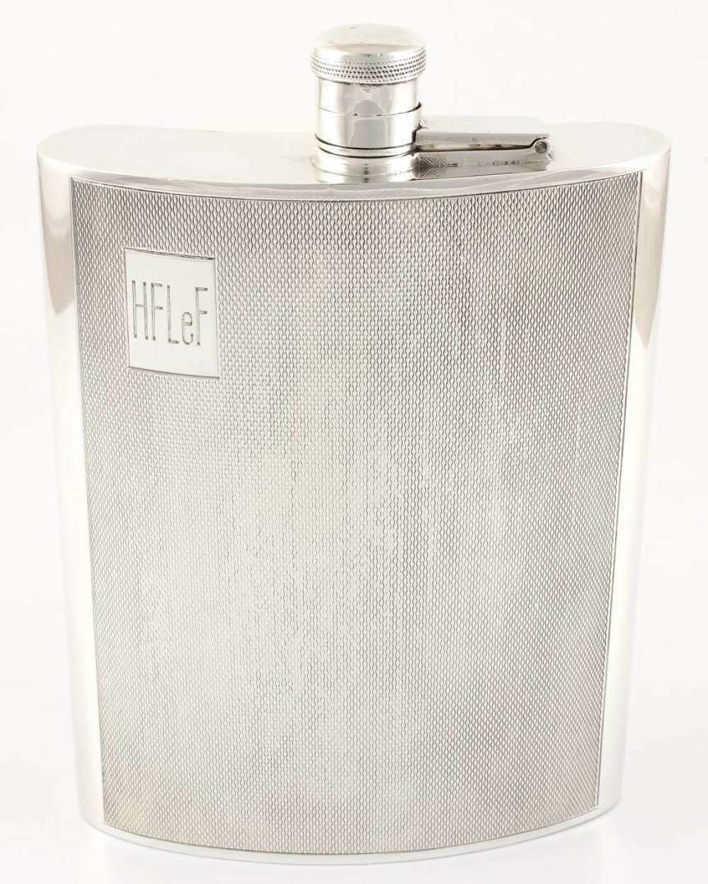 Asprey Solid Silver Hip Flask. Large Pocket Spirit Flask. Engine Turned.