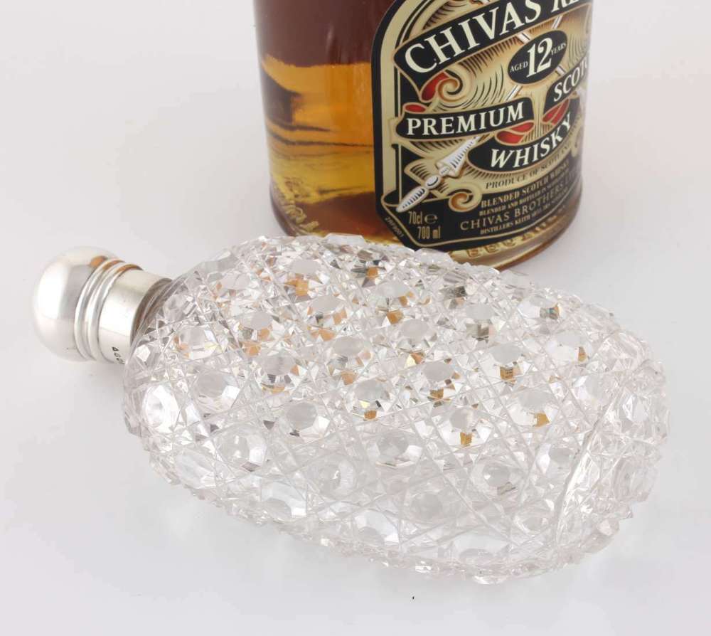 Solid Silver & Cut Glass Spirit Hip Decanter Flask. George Brace. 1877.