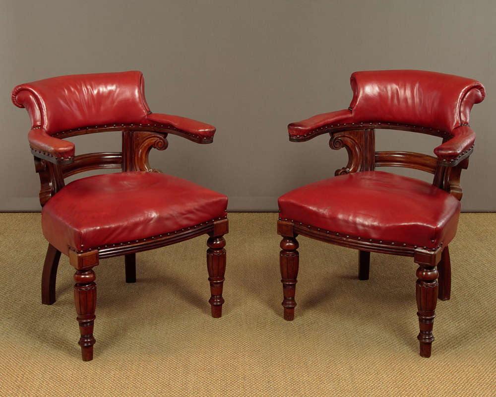 Pair Of Large Walnut &amp; Leather Antique Armchairs C.1890