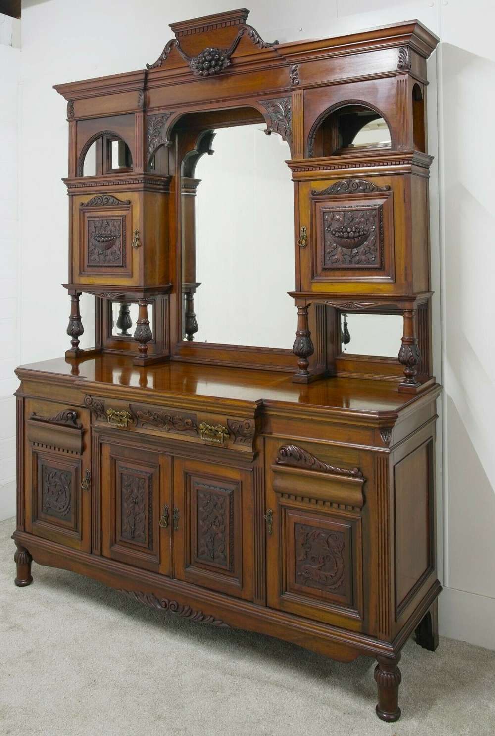Victorian Sideboard Buffet Antique Mirrored Back Carved Mahogany 1880