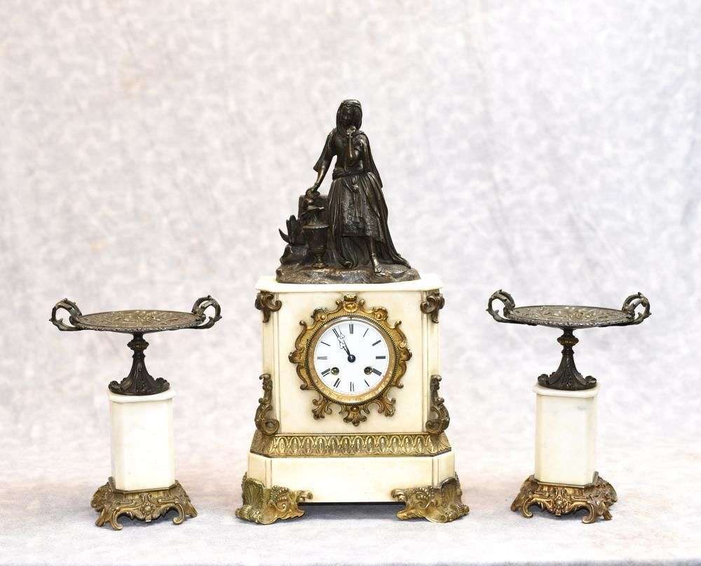 French Mantel Clock   Empire Marble Ormolu Set Bronze Figurine