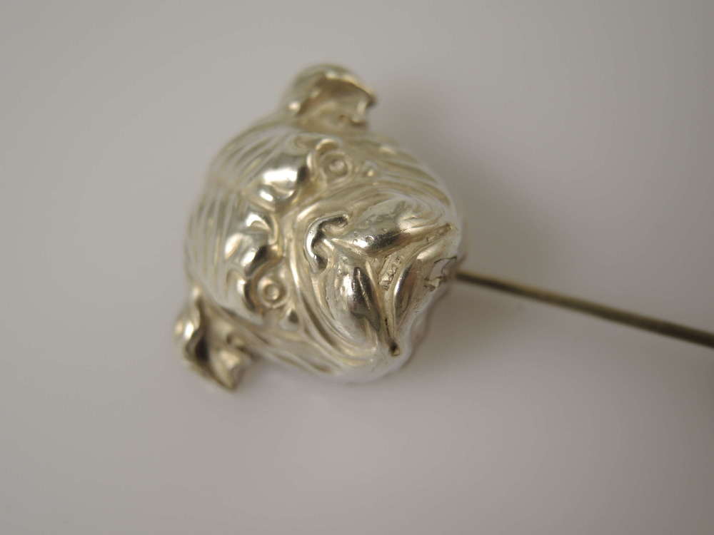 Victorian silver Bull dog / bull terrier stick / lapel pin c1890